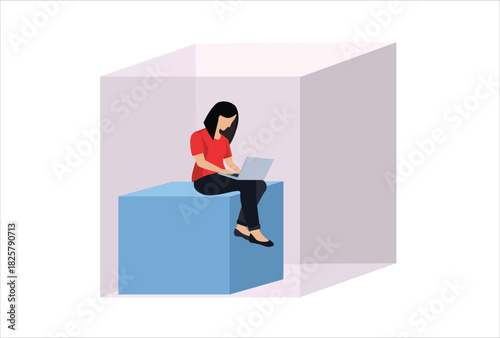 Businesswoman or office worker, working with laptop computer, sitting inside the box, presenting to introvert woman. Flat vector illustration.