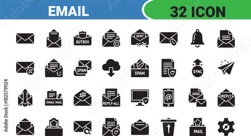 Comprehensive email icon set for design projects and communication platforms