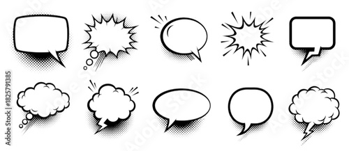Retro empty comic speech bubbles set with black halftone shadows. Vintage design, pop art style - stock vector.