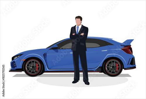 icon logo sign work vector design Happy businessman standing near blue car. Illustration  on white background in flat style. Business office concept. 