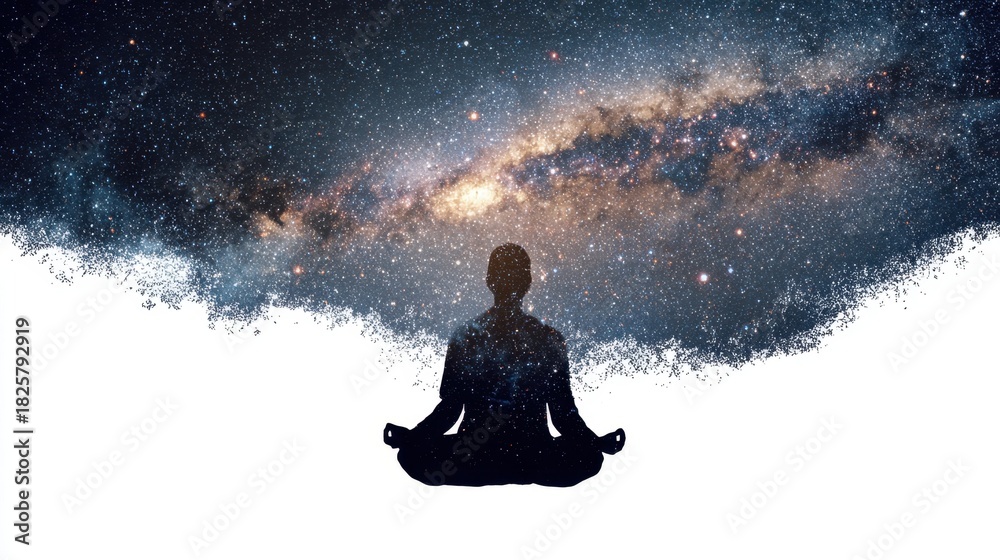 Fototapeta premium A figure sits in a meditative pose surrounded by a cosmic scene filled with stars and galaxies creating a sense of tranquility and connection to the universe.