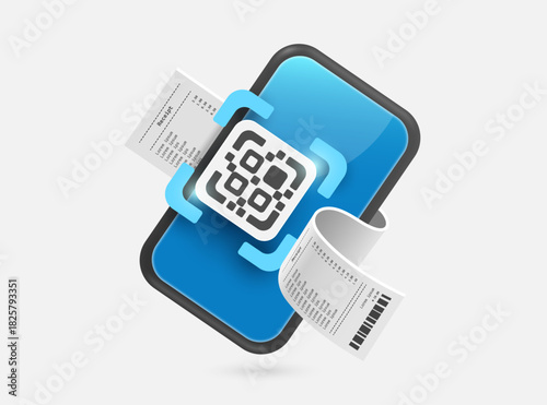 Scan QR code with your mobile phone to pay for online purchases and receipt or invoice will come out, vector 3d illustration isolated on white background for online shopping, financial concept design