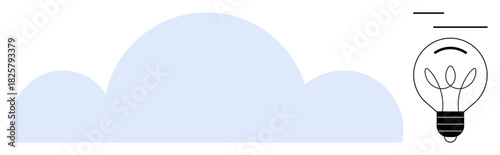 Minimal blue cloud and classic lightbulb with glowing filaments represent ideas, brainstorming, creativity, innovation, solutions, imagination, and progress. Ideal for teamwork, business and simple