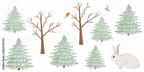 Winter forest illustration with evergreen trees bare trees birds and a rabbit