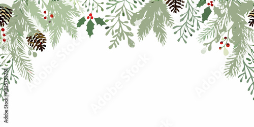 Watercolor christmas border with pine branches holly berries and pinecones