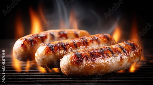 Fototapeta Naklejka Na Ścianę i Meble -  Grilled sausages on a barbecue with flames and smoke, close-up shot