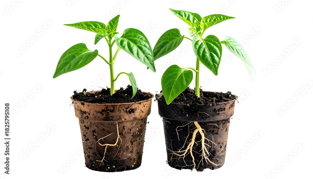 Fototapeta premium Two green plant sprouts in soil-filled pots
