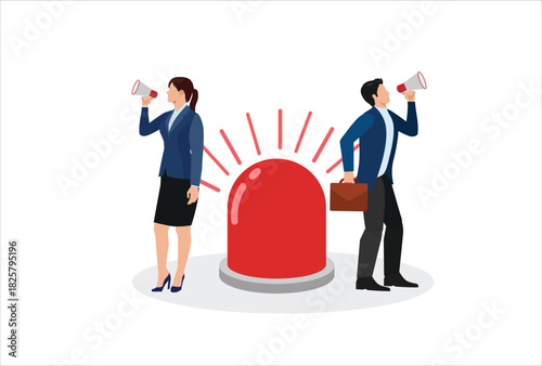 icon work vector Declaration of a state of emergency, concept of warning about danger, businessman and woman with megaphone giving instructions about the current state of emergency