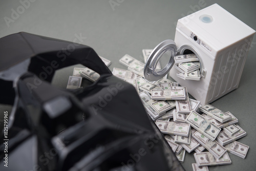 Washing machine is cleaning many US dollar bill banknotes with scammer mask. Money laundering from scam, criminal activity, corruption, etc. or law and enforcement concept.