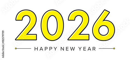 シンプルな黄色の2026の数字と賀詞HAPPY NEW YEARの文字 - 西暦2026年の年賀素材