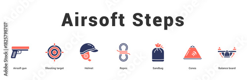 Airsoft Steps Modern and clean web banner illustration featuring thematic icons for visual communication