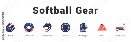 Softball Gear Modern and clean web banner illustration featuring thematic icons for visual communication
