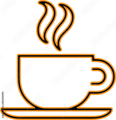 Simple outline icon of a steaming hot coffee cup on a saucer