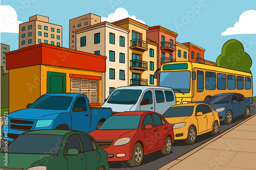 Vector illustration of vehicle traffic on a street.