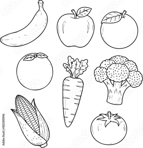 Hand drawn sketch of assorted fresh fruits and vegetables including banana apple orange broccoli carrot corn tomato, Generative Ai