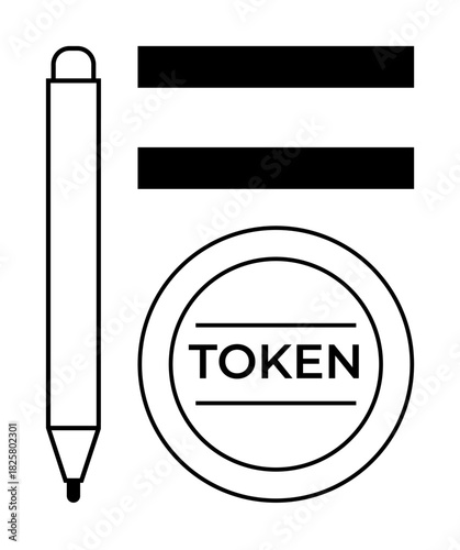 Pen, equal sign, and circular token labeled TOKEN in simple black-and-white design. Ideal for education, equality, financial systems, balance, values minimalism business processes. Simple flat