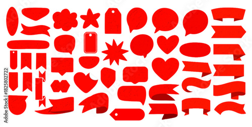 Red promo starburst sticker, tag and price labels set with crayon texture. Flags and stamps perfect for text callouts, template stickers. Adhesive offer stamps, sale banners and ribbons, coupon design