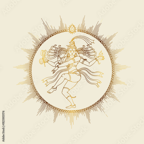 Line art vector of Shiva as Nataraja dancing inside a circular mandala made of abstract sound waves instead of traditional flames, drawn in clean dark blue strokes with subtle gold accents