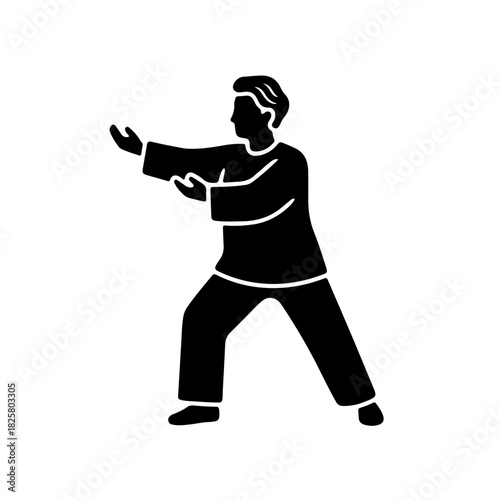 A simple black and white silhouette icon of a senior person walking or performing light exercise, emphasizing active aging, a healthy lifestyle, and the independence of the elderly