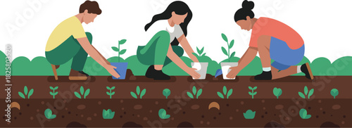 Diverse Group of Volunteers Planting and Watering Seedlings in a Garden or Field Vector Illustration for Environmental Conservation and Earth Day.