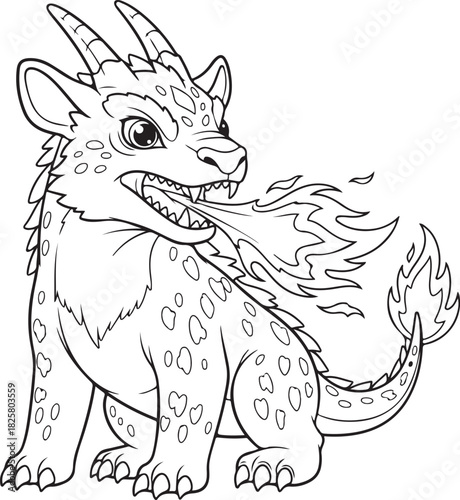 A fierce young chimera breathing fire with a textured fur coat and horns ready for coloring, Generative Ai