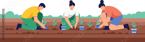 Group of People Planting Seedlings in Soil Vector Illustration Depicting Gardening, Farming, Agriculture, Horticulture, Teamwork, and Environmental Sustainability Concepts.