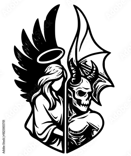 Angel and devil duality illustration, good versus evil concept