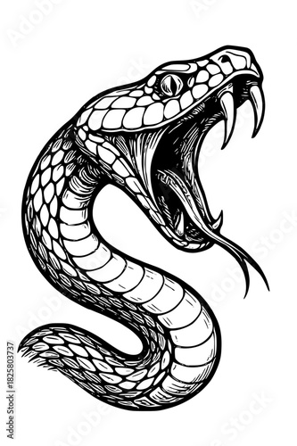 Aggressive snake with open mouth and fangs