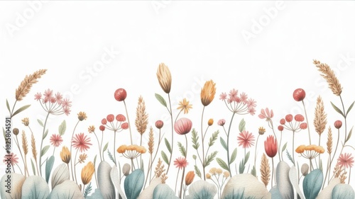 Fototapeta Naklejka Na Ścianę i Meble -  Watercolor wild flower border, pastel botanical elements design