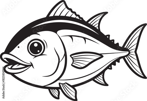 A charming cartoon illustration of a happy tuna fish with big eyes and an open mouth ready for adventure, Generative Ai