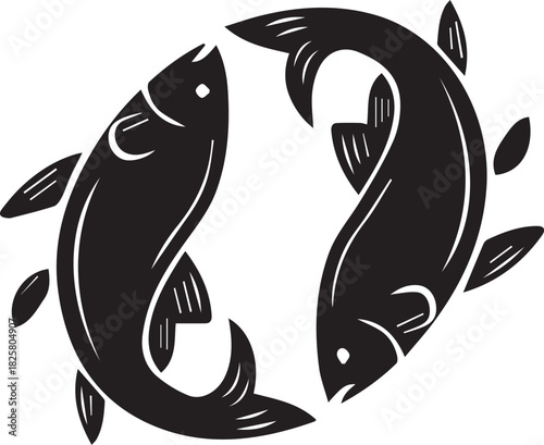 Black and white vector illustration of two fish in circular symmetrical layout symbolizing balance duality and artistic harmony