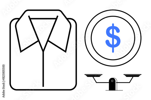 Shirt outline, dollar sign inside a coin, and balanced scales. Ideal for fashion, pricing, balance, retail, decisiveness business strategy equality. Simple flat metaphor