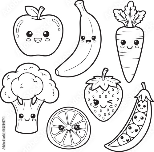 Adorable kawaii style outline illustrations of cute fruits and vegetables with happy faces, Generative Ai