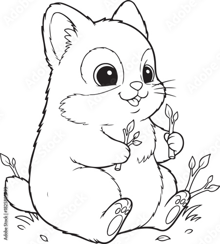 Adorable cartoon hamster named snappy sitting and happily nibbling on a small green leaf in a simple line art drawing, Generative Ai