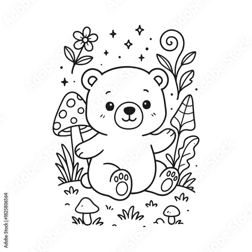 Cute sun bear in a magical forest with mushrooms and flowers coloring page