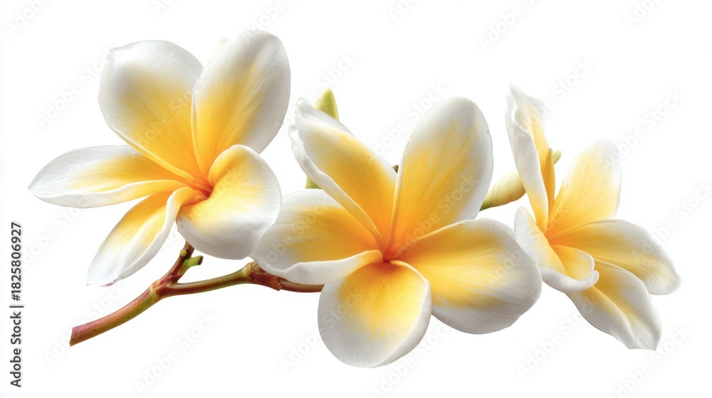 Naklejka premium Plumeria flowers bloom gracefully with white petals and vibrant yellow centers. They are arranged naturally on a slender branch illuminated by soft bright light.