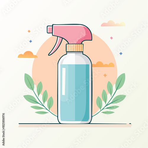Transparent Cleaning Spray Bottle with Pink Trigger and Green Leaves Against a Soft Orange Sunburst and Pastel Clouds
