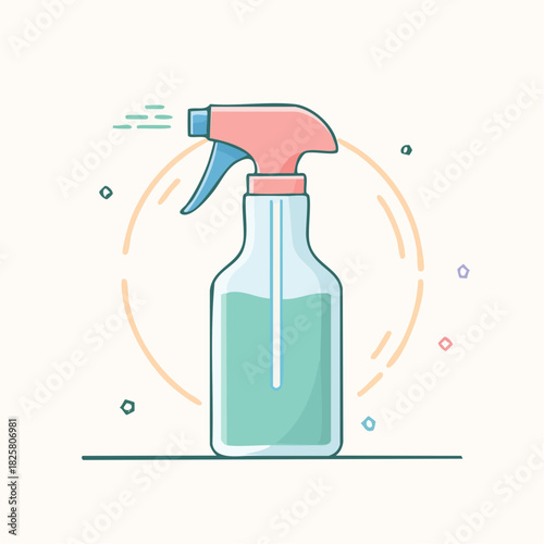 Clear Plastic Spray Bottle With Pink And Blue Trigger Sprayer Filled With Green Liquid Surrounded By A Pastel Circle And Geometric Accents On A White Background