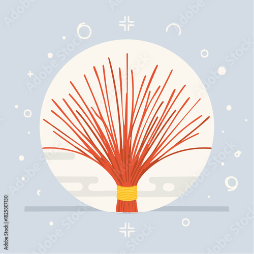 Abstract Illustration Of A Bundle Of Red Saffron Threads Tied With A Yellow Band Centered In A Pale Blue Circle With Subtle Geometric Shapes