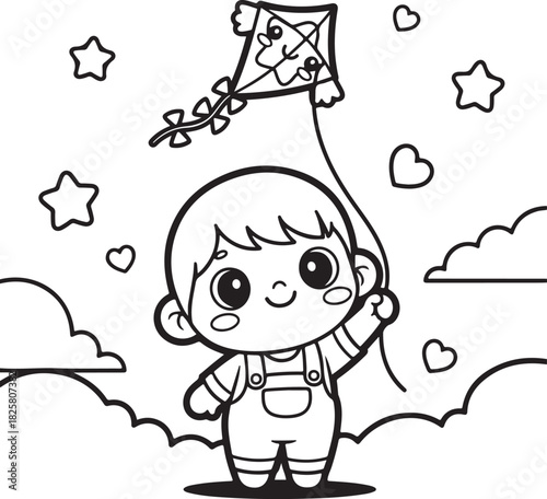 Adorable cartoon child with big eyes joyfully flying a patterned kite in a whimsical sky filled with stars and hearts, Generative Ai