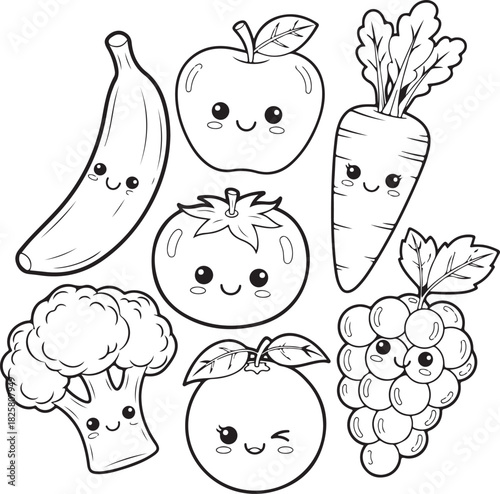 Charming hand drawn line art featuring adorable kawaii style fruits and vegetables with happy faces, Generative Ai