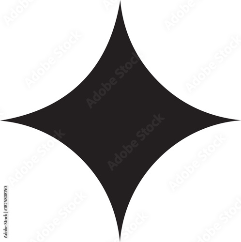 Black and white vector illustration of symmetrical four-pointed star with curved elongated tips in minimal abstract design