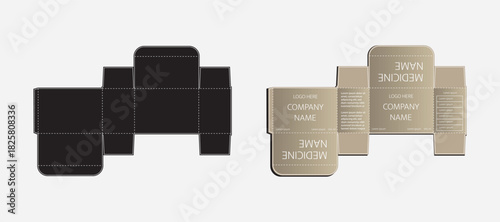 Medicine Product Packaging Box Template. Beige Pharma Carton Design with Die Cut Layout and Clean Mockup Panels.