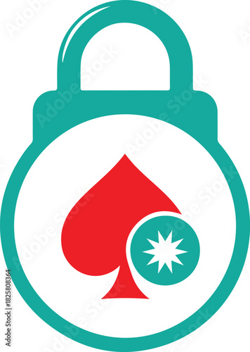 Security lock icon with red spade card suit and star inside circular turquoise frame symbolizing online protection and gaming vector