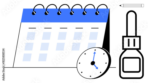 Calendar, clock showing time, medical bottle, and pencil symbolizing scheduling, deadlines, healthcare, and productivity. Ideal for time management, planning healthcare organization reminders