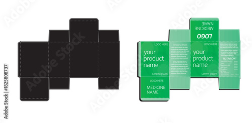 Modern Green Medicine Box Packaging Design. Pharma Product Carton Template with Nutrition and Ingredients Panel.