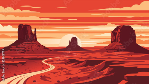 Vibrant Vector Illustration of a Desert Landscape at Sunset with Winding Road and Majestic Rock Formations Under a Fiery Sky