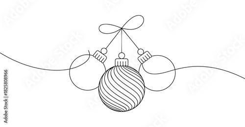  Minimalist Christmas ornament line art with festive hanging baubles and decorative bow – elegant holiday design for seasonal use
