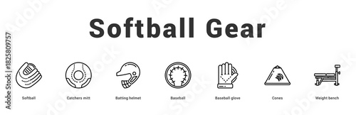 Softball Gear Modern and clean web banner illustration featuring thematic icons for visual communication