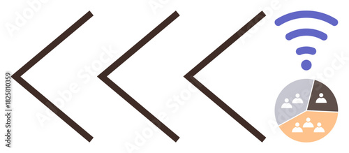 Three bold arrows pointing right towards a segmented circle with user icons and a wireless signal. Ideal for teamwork, connectivity, networking, collaboration, technology, communication, digital